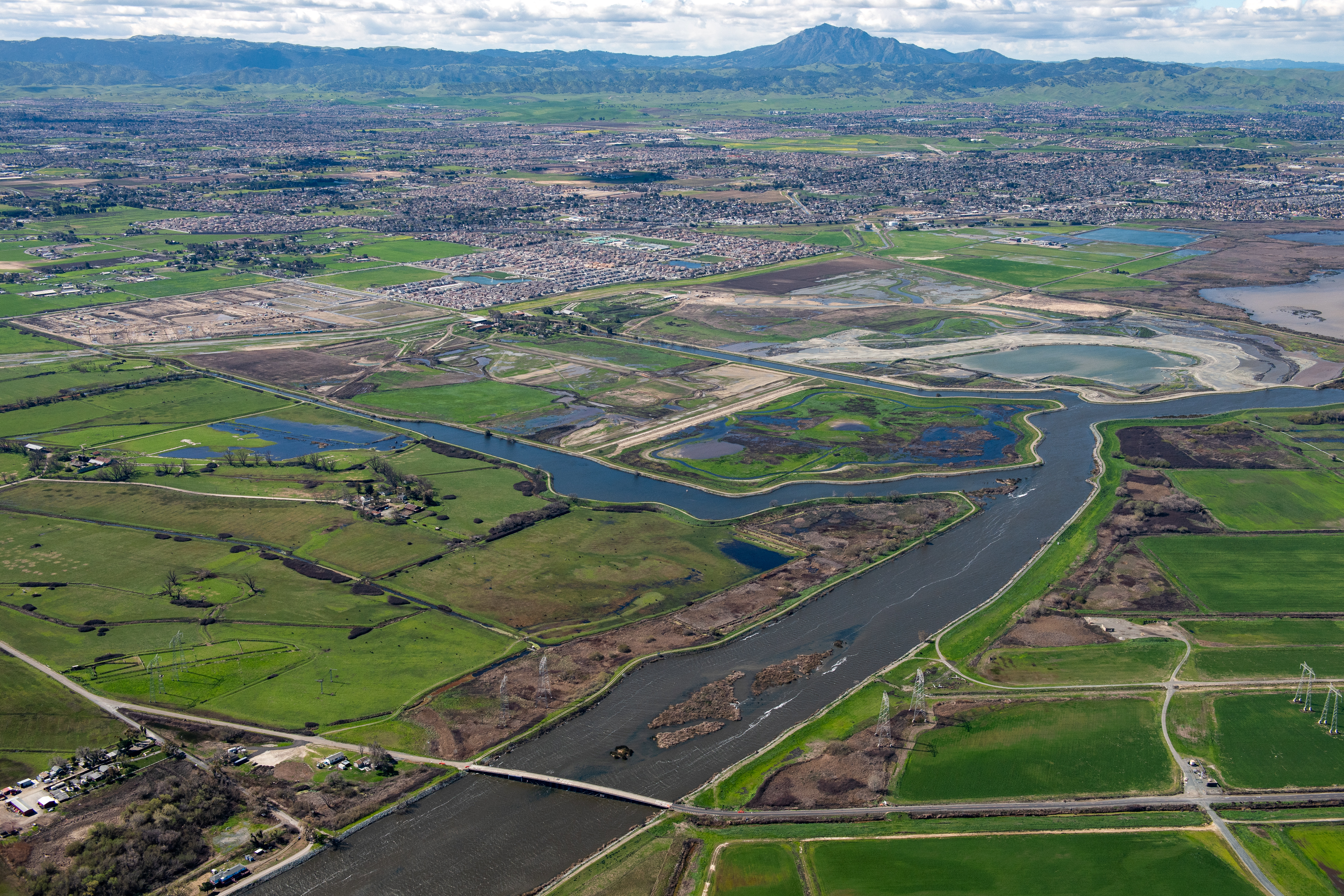 Aerial view looking South-West of the Dutch Slough Tidal Marsh Restoration Project the construction site in the Sacramento-San Joaquin Delta near Oakley, California.
