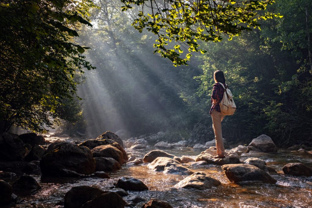 A woman explores new, magical, and fantastic places around the world, surrounded by nature and spreading her arms to breathe and relax. Female hiker crossing the forest creek