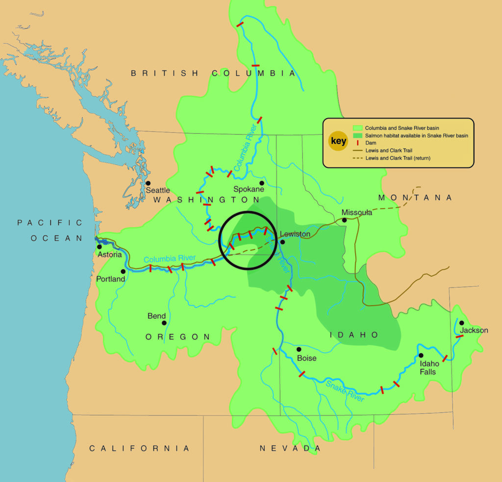 map of PNW and Columbia River Basin, illustrating salmon recovery efforts